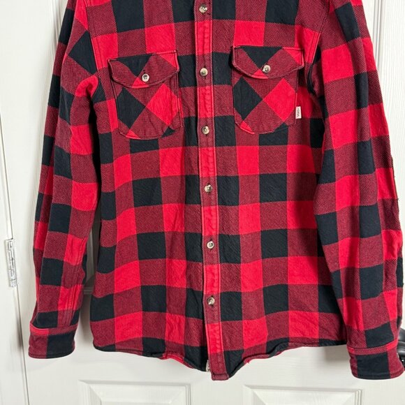 Vans Jacket Mens Medium Red Black Plaid Button Up Corduroy Patches Elbow Pads - Picture 3 of 8